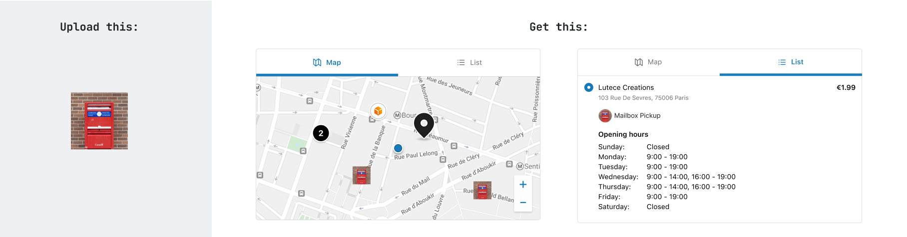 Graphic identifier in the map and list view of pickup points in checkout for a customer