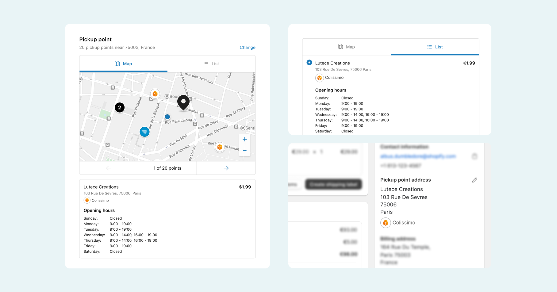Different branding elements in the map and list view of pickup points in checkout for a customer