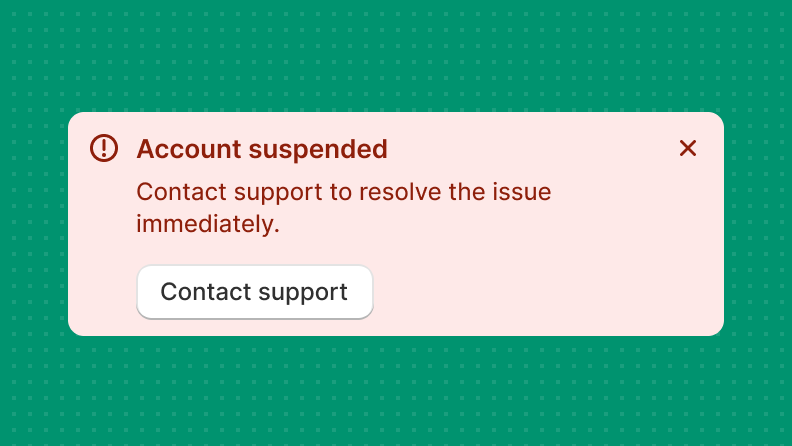 A dismissible critical banner in red that explains the issue and offers a way to contact support.