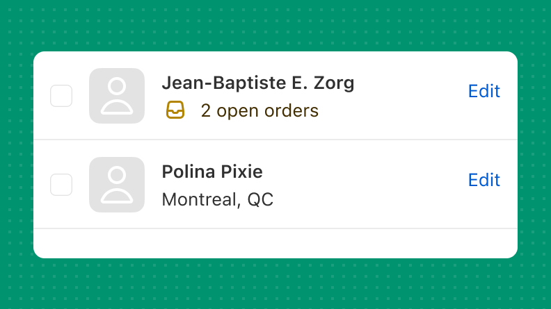 A list of customers. One name has an inline warning that reads "2 open orders", with an icon.