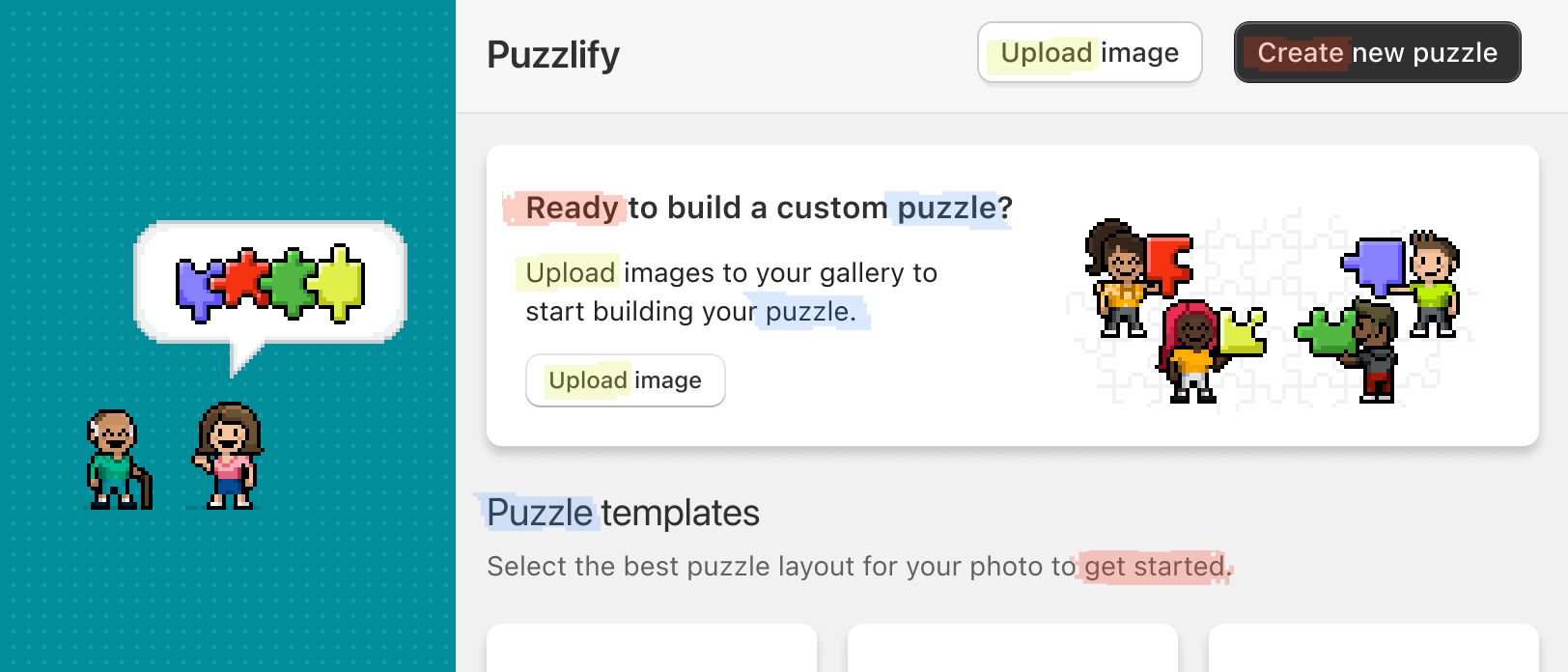 A mockup of the Puzzlify app with highlighted bits of text.