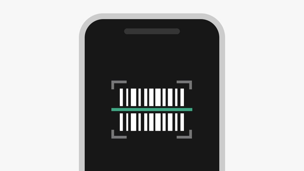A simplified drawing of a smartphone. On the phone's screen is a graphic of a barcode being scanned.