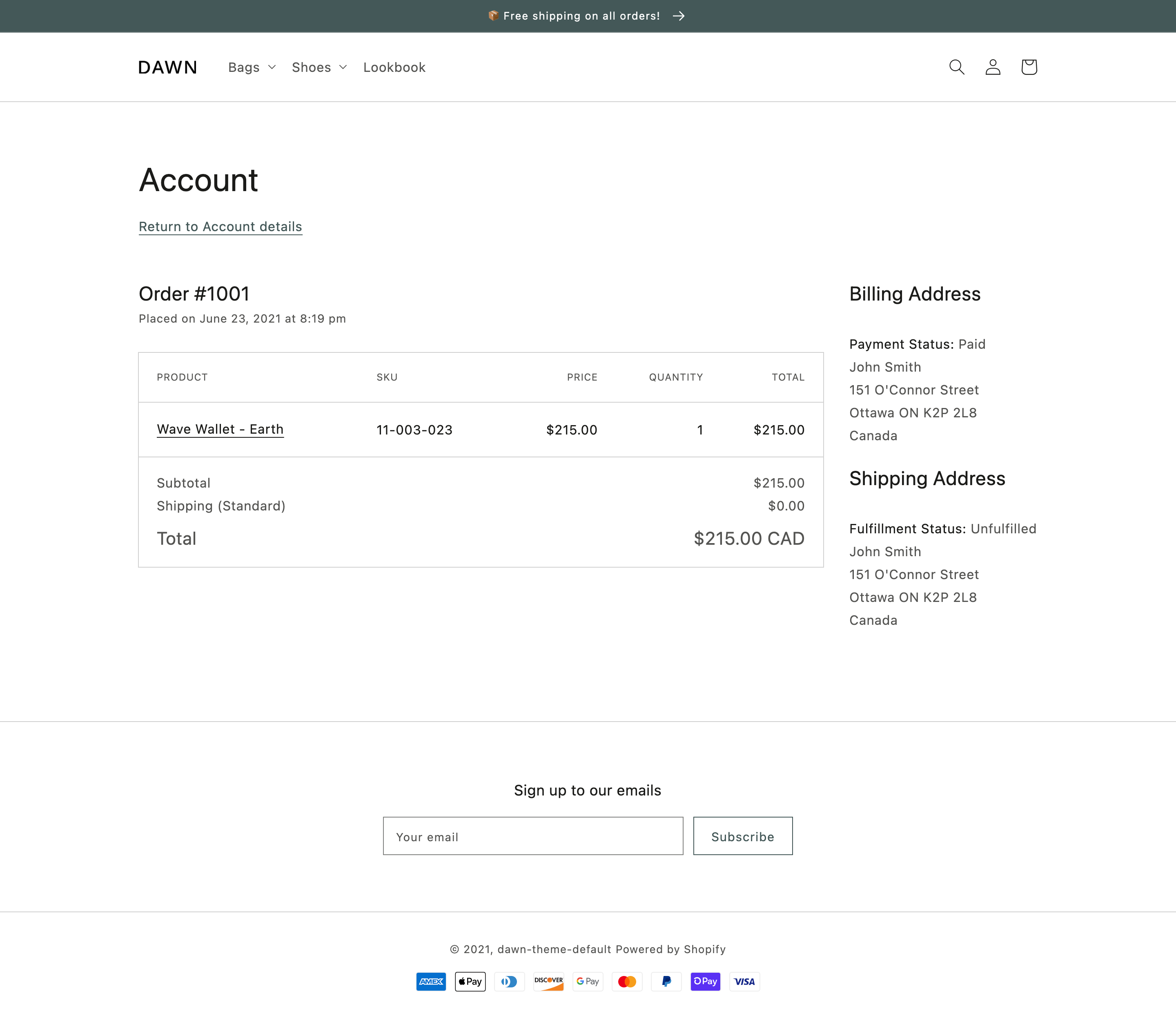 An example of the customer order template in Dawn